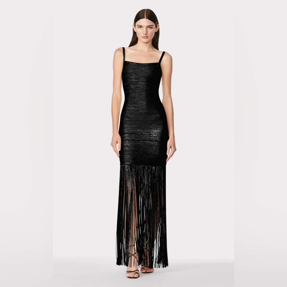 Elegant Black Herve Leger Fringe Dress